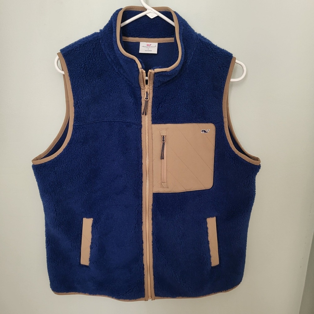 Womens Large‎ Vineyard Vines Sherpa Fleece Vest Blue Tan New Outerwear  Preppy